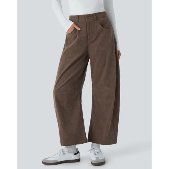 Halara Mid Rise Zipper Pockets Barrel Leg Ankle Length Corduroy Pants Sz XL Brow - Picture 1 of 16